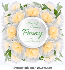 Vector square banner with realistic flowers of white peony. Floral templates for wedding invitation, greeting card, cosmetic products, packages, gift wraps and other design elements
