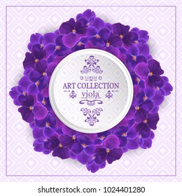 Vector square banner with realistic flowers of purple viola. Floral round wreath with frame for text. Design template for wedding invitation, greeting card, cosmetic product
