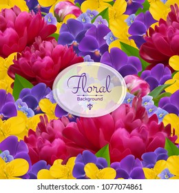 Vector square banner with realistic flowers of peony, celandine, viola. Seamless floral background designed for wedding invitation, greeting card, cosmetic products and templates