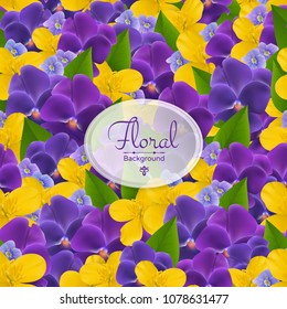 Vector square banner with realistic flowers of celandine, viola. Seamless floral background designed for wedding invitation, greeting card, cosmetic products and templates