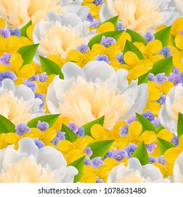 Vector square banner with realistic flowers of peony, celandine, viola. Seamless floral background designed for wedding invitation, greeting card, cosmetic products and templates