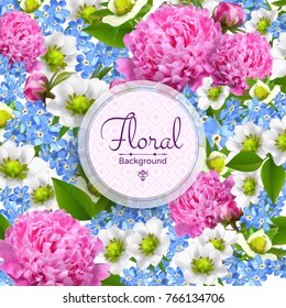 Vector square banner with realistic flowers of peony, strawberry and forget-me-not. Romantic floral background designed for wedding invitation, greeting card, cosmetic products and templates