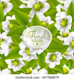 Vector square banner with realistic white flowers and leaves. Seamless floral background designed for wedding invitation, greeting card, cosmetic products and templates