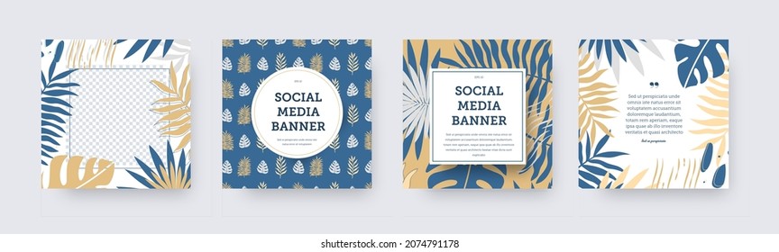 Vector square banner for social media in blue, brown colors, on a summer background, palms, monsters, abstract pattern. Post template with elements for photo, creative illustration. Set of covers