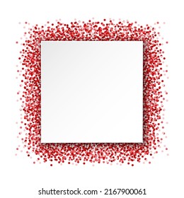 Vector square banner. White paper cut blank paper sheet with red confetti underneath isolated on white background. Volumetric, trendy design. Best for polygraphy, print and web. EPS 10.