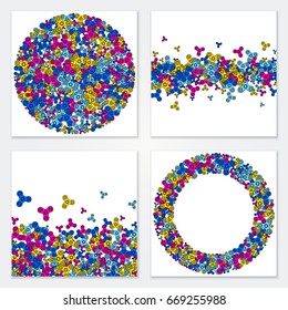 Vector square banners set with scattered spinners in vivid colors for advertising projects. Isolated