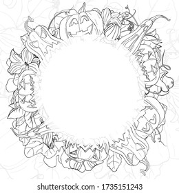 Vector square black and white autumn card. Wreath of smiling pumpkins, leaves and flowers, round frame on line background. Hand line drawing. Template for Halloween card. Happy and horror pumpkin.