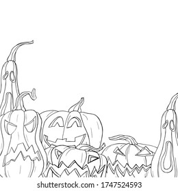 Vector square black and white autumn card. Border of black and white whith smiling pumpkins. Hand line drawing. Template for Halloween card. Happy and horror pumpkin.