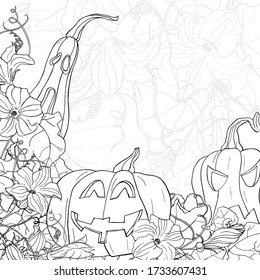 Vector square black and white card. Corner frame with smiling pumpkins, leaves and flowers on line background. Hand line drawing. Template for Halloween card. Happy and horror pumpkin.