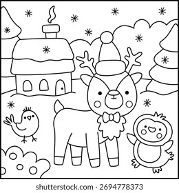 Vector cuadrado Navidades blancas y negras paisaje del pueblo. Escena de la línea de la noche del año Nuevo con el ciervo, el pingüino y el pájaro que se coloca cerca de la casa de Santa Claus. Dibujo de vacaciones de invierno para colorear para niño
