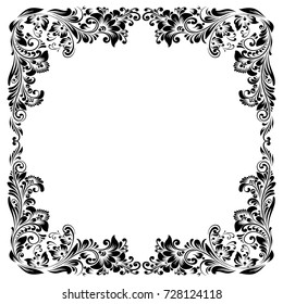 Vector square black and white frame with decorative stylized flowers in folk style