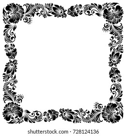Vector square black and white frame with decorative stylized flowers in folk style