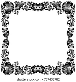 Vector square black and white frame with decorative stylized flowers in folk style