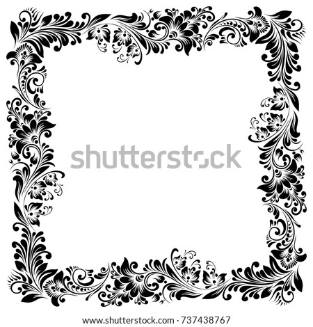 Vector square black and white frame with decorative stylized flowers in folk style