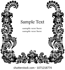 vector square black and white frames with floral ornaments and flowers for text, vintage frames in a folk style of Petrikovskaya painting with flowers for design