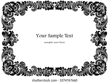 vector square black and white frames with floral ornaments and flowers for text, vintage frames in a folk style of Petrikovskaya painting with flowers for design