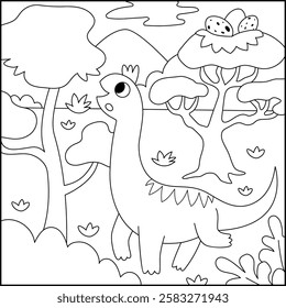 Vector square black and white scene with brachiosaur eating leaves from high tree. Dinosaur line landscape illustration. Cute prehistoric coloring page with mountains, forest, tree