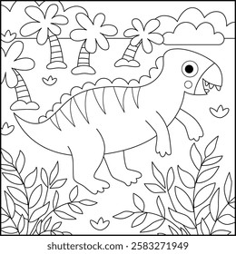 Vector square black and white scene with iguanodon, fern leaves, palm tree. Dinosaur landscape illustration. Cute prehistoric coloring page with forest, plant, greenery. Funny dino scenery
