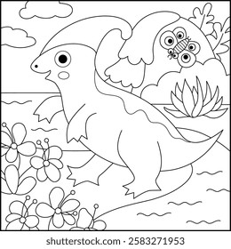 Vector square black and white scene with parasaurolophus. Dinosaur line landscape illustration. Cute prehistoric coloring page with waterfall, river, flower, tree. Funny dino scenery for kids
