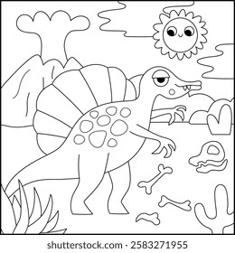 Vector square black and white scene with spinosaurus. Dinosaur landscape illustration. Cute line prehistoric coloring page with desert, bones, volcano, sun. Funny dino scenery for kids
