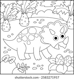 Vector square black and white scene with triceratops. Dinosaur line landscape illustration. Cute prehistoric coloring page with forest, palm tree, nest, egg. Funny dino scenery for kids
