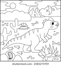 Vector square black and white scene with allosaurus. Dinosaur landscape illustration. Cute line prehistoric coloring page with desert, bones, volcano, centipede, stones
