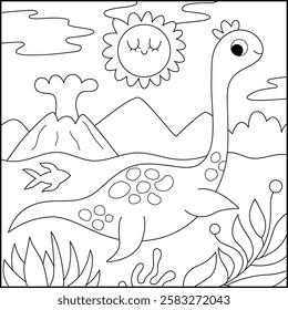 Vector square black and white scene with swimming plesiosaur. Dinosaur line water landscape illustration. Cute prehistoric coloring page with sea, seaweed, volcano, mountain, sun
