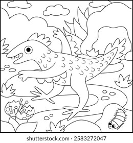 Vector square black and white scene with velociraptor. Dinosaur line landscape illustration. Cute prehistoric coloring page with cave, centipede, flower, stone. Funny dino scenery for kid
