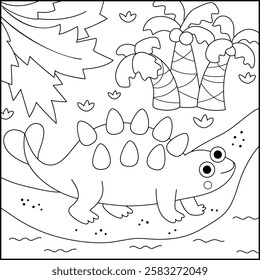 Vector square black and white scene with ankylosaur. Dinosaur line landscape illustration. Cute prehistoric coloring page with forest, palm tree, river, sea. Funny dino scenery for kids
