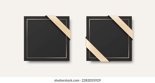 Vector Square Blank Tarjeta negra. Folleto, postal, plantilla de diseño de tarjetas de felicitación para la promoción de marca, felicitaciones, invitación con cinta de seda, marco dorado y reverso