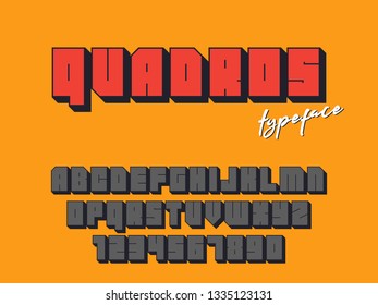 Vector square block font. Latin alphabet letters and numbers. 3d font
