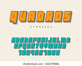 Vector square block font. Latin alphabet letters and numbers. 3d font