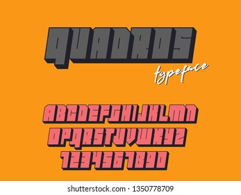 Vector square block font. Latin alphabet letters and numbers. 3d font