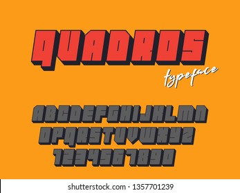 Vector square block font. Latin alphabet letters and numbers. 3d font
