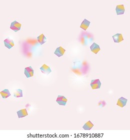 Vector Square Bokeh. Iridescent Background. Geometric Anniversary Card. Holo Confetti. Isolated Holographic Cube Particles. Chaotic Confetti Backdrop. Foil Border. Birthday Card with Metallic Texture.