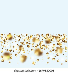 Vector Square Bokeh. Iridescent Background. Chaotic Confetti Backdrop. Foil Border. Gold Confetti. Isolated Golden Cube Particles. Geometric Anniversary Card. Birthday Card with Metallic Texture.