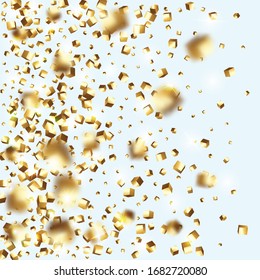 Vector Square Bokeh. Iridescent Background. Geometric Anniversary Card. Birthday Card with Metallic Texture. Gold Confetti. Isolated Golden Cube Particles. Chaotic Confetti Backdrop. Foil Border.