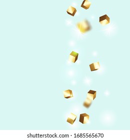 Vector Square Bokeh. Iridescent Background. Birthday Card with Metallic Texture. Geometric Anniversary Card. Gold Confetti. Isolated Golden Cube Particles. Chaotic Confetti Backdrop. Foil Border.