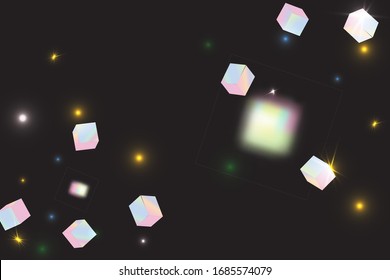 Vector Square Bokeh. Iridescent Background. Holo Confetti. Isolated Holographic Cube Particles. Chaotic Confetti Backdrop. Foil Border. Birthday Card with Metallic Texture. Geometric Anniversary Card.