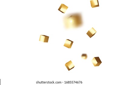 Vector Square Bokeh. Iridescent Background. Birthday Card with Metallic Texture. Geometric Anniversary Card. Chaotic Confetti Backdrop. Foil Border. Gold Confetti. Isolated Golden Cube Particles.