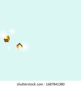 Vector Square Bokeh. Iridescent Background. Geometric Anniversary Card. Birthday Card with Metallic Texture. Gold Confetti. Isolated Golden Cube Particles. Chaotic Confetti Backdrop. Foil Border.