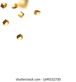 Vector Square Bokeh. Iridescent Background. Birthday Card with Metallic Texture. Geometric Anniversary Card. Chaotic Confetti Backdrop. Foil Border. Gold Confetti. Isolated Golden Cube Particles.