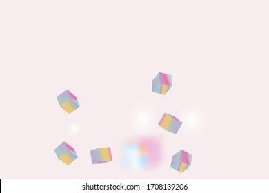 Vector Square Bokeh. Iridescent Background. Chaotic Confetti Backdrop. Foil Border. Geometric Anniversary Card. Holo Confetti. Isolated Holographic Cube Particles. Birthday Card with Metallic Texture.