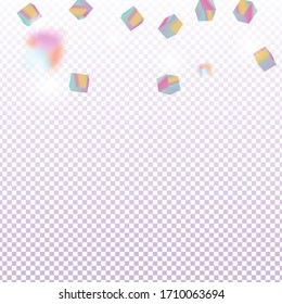 Vector Square Bokeh. Iridescent Background. Geometric Anniversary Card. Chaotic Confetti Backdrop. Foil Border. Holo Confetti. Isolated Holographic Cube Particles. Birthday Card with Metallic Texture.