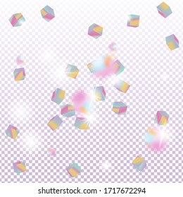 Vector Square Bokeh. Iridescent Background. Birthday Card with Metallic Texture. Holo Confetti. Isolated Holographic Cube Particles. Geometric Anniversary Card. Chaotic Confetti Backdrop. Foil Border.