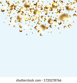 Vector Square Bokeh. Iridescent Background. Gold Confetti. Isolated Golden Cube Particles. Chaotic Confetti Backdrop. Foil Border. Birthday Card with Metallic Texture. Geometric Anniversary Card.