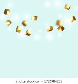 Vector Square Bokeh. Iridescent Background. Birthday Card with Metallic Texture. Geometric Anniversary Card. Chaotic Confetti Backdrop. Foil Border. Gold Confetti. Isolated Golden Cube Particles.
