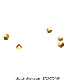 Vector Square Bokeh. Iridescent Background. Gold Confetti. Isolated Golden Cube Particles. Chaotic Confetti Backdrop. Foil Border. Geometric Anniversary Card. Birthday Card with Metallic Texture.