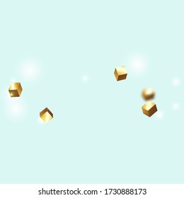 Vector Square Bokeh. Iridescent Background. Gold Confetti. Isolated Golden Cube Particles. Geometric Anniversary Card. Chaotic Confetti Backdrop. Foil Border. Birthday Card with Metallic Texture.