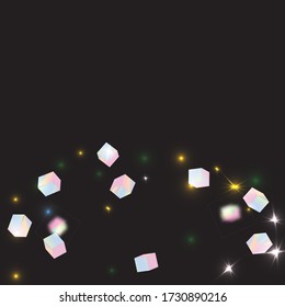 Vector Square Bokeh. Iridescent Background. Holo Confetti. Isolated Holographic Cube Particles. Geometric Anniversary Card. Chaotic Confetti Backdrop. Foil Border. Birthday Card with Metallic Texture.